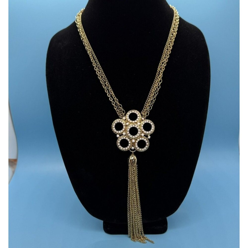 Vintage Gold Tone Triple Link‎ Chain Necklace Pendant w/Tassel Fringe Statement